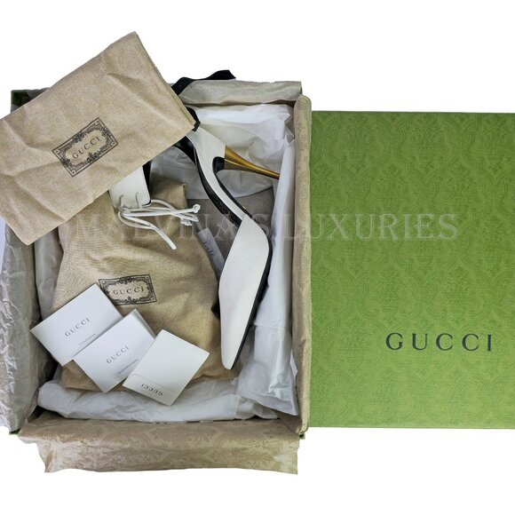 GUCCI SHOES PUMPS WITH ANKLE CUFF GOLD HIGH HEEL WHITE LEATHER sz 41.5 11.5 - Picture 14 of 15